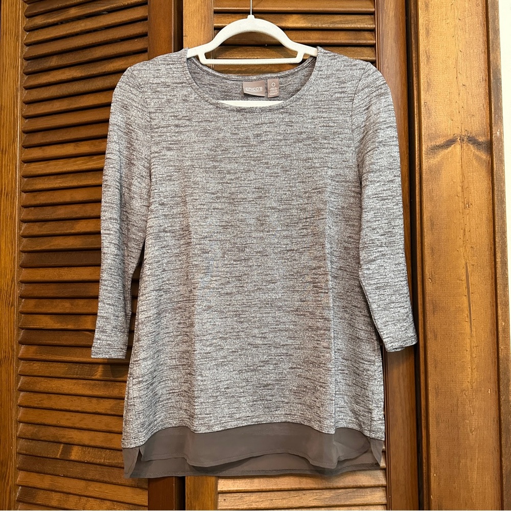 NWT Chicos lightweight knit tunic, heathered taupe with silver, 3/4 sleeve, S